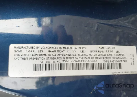 2011 Volkswagen Jetta 2.5L Sel z USA, uszkodzony, nr VIN 3VWLZ7AJ5BM345041